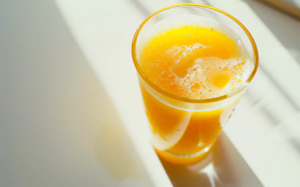 A HD desktop wallpaper featuring a refreshing glass of orange juice with sunlight streaming in the background.