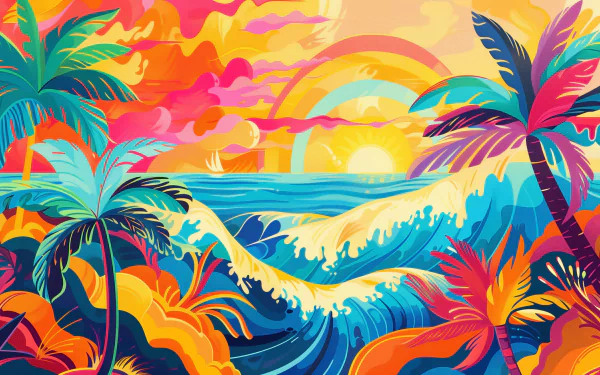 HD desktop wallpaper of a colorful ocean sunset with palm trees and a wave, embodying a vibrant summer aesthetic.