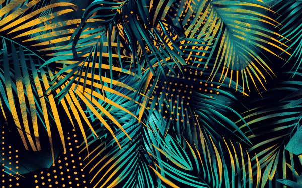 HD desktop wallpaper featuring vibrant palm leaves with green and yellow hues, creating a dynamic and tropical nature-inspired background.