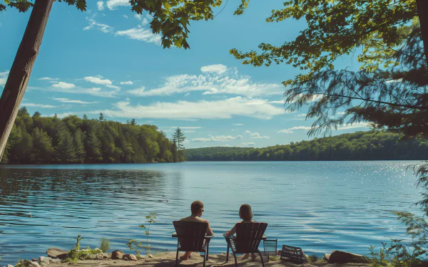 A serene HD wallpaper featuring two people relaxing by a tranquil lake surrounded by lush greenery, capturing a peaceful vacation moment under a clear blue sky.
