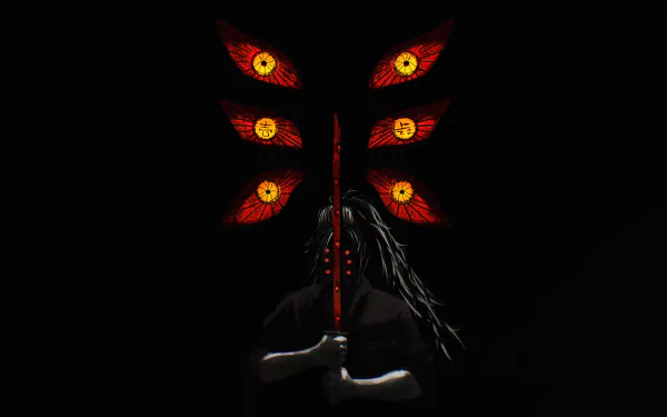 HD desktop wallpaper featuring Kokushibo from Demon Slayer: Kimetsu no Yaiba, with multiple red and yellow eyes and holding a sword in a dark background.