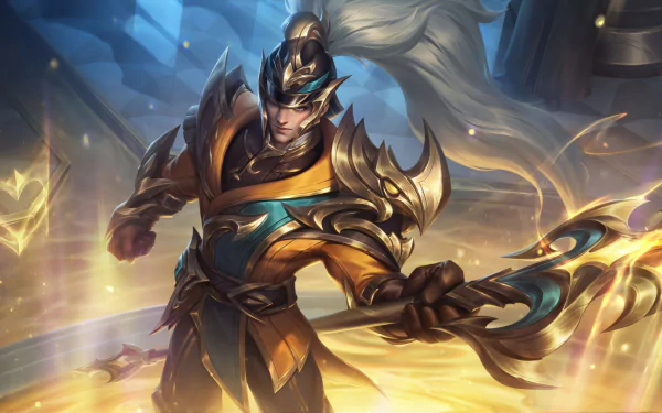 HD desktop wallpaper featuring Xin Zhao from League of Legends, wielding a lance and adorned in ornate armor, set against a dynamic, glowing background.
