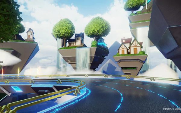 HD desktop wallpaper of Disney Speedstorm video game, showcasing a futuristic racetrack with floating islands and houses, vibrant scenery, and a clear sky.
