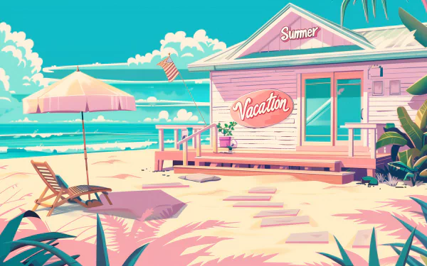HD summer vacation beach house wallpaper featuring a serene beachfront scene with an inviting house, umbrella, and lounge chair, epitomizing a relaxing tropical getaway.