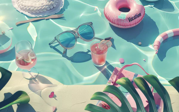 HD image with a summer aesthetic, featuring vacation elements: sunglasses, drinks, and a float in a pool. This vibrant and refreshing scene captures the essence of a relaxing summer vacation.