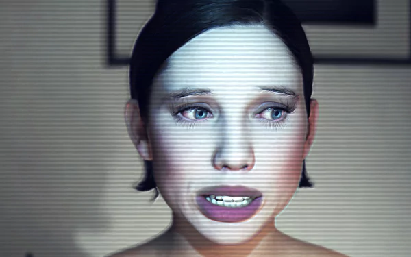 HD desktop wallpaper and background featuring a character from the video game Supernatural (2024) with a distressed expression, captured with a grainy overlay effect.