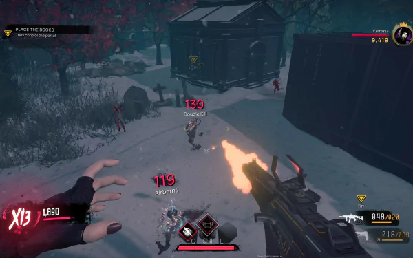 HD desktop wallpaper featuring intense gameplay from the video game EvilVEvil, showcasing a snowy battlefield with characters in combat, using firearms and special abilities.