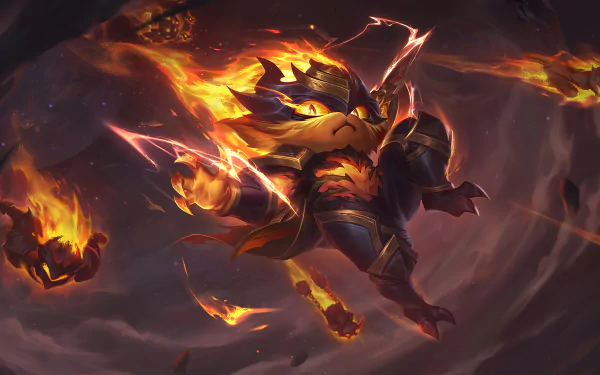 HD desktop wallpaper featuring Kennen from the video game Legends of Runeterra and League of Legends, showcasing him in a dynamic, fiery action scene.