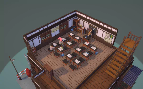HD desktop wallpaper of a classroom scene from the video game Let's School, featuring a detailed, top-down view of wooden desks, chairs, students, and a teacher in a traditional Japanese-style room.
