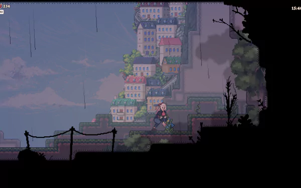 HD desktop wallpaper and background featuring a scene from the video game 'Magical Delicacy' with a character exploring a cliffside town under a cloudy sky.