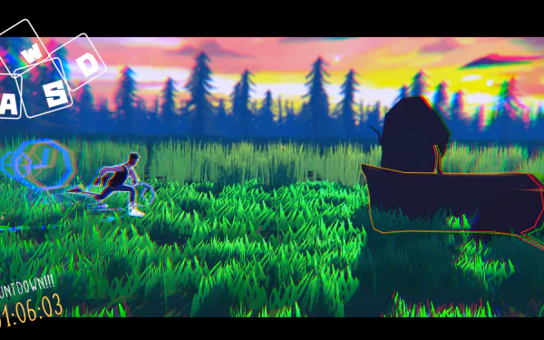 HD desktop wallpaper featuring vibrant, neon-colored gameplay from Aerial_Knight's Never Yield, set in a lush, stylized landscape with a runner evading obstacles at sunset.