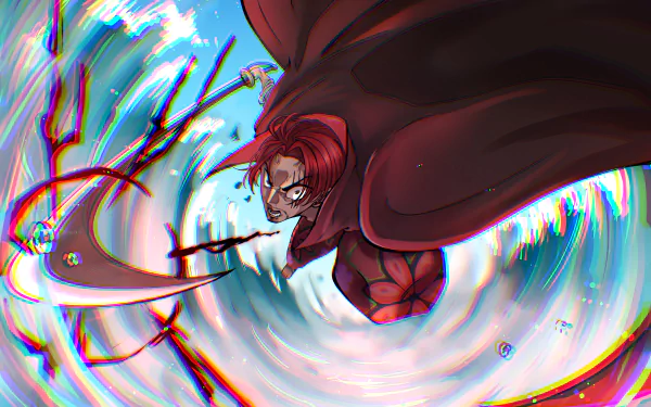 4K Ultra HD anime wallpaper featuring Shanks from One Piece in dynamic action pose with swirling water and energy effects.