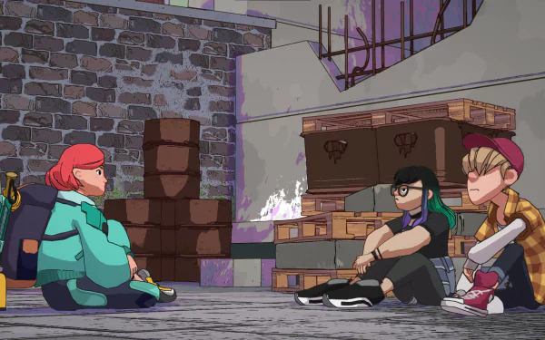 Three animated characters are sitting on the ground in an industrial setting from the video game Dungeons of Hinterberg. This scene is depicted in an HD desktop wallpaper background.