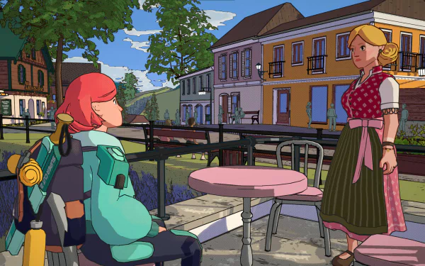 An HD desktop wallpaper from Dungeons of Hinterberg video game, featuring two characters conversing in a colorful outdoor café setting.