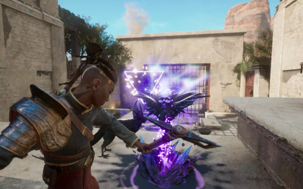 HD desktop wallpaper from the video game Flintlock: The Siege of Dawn, depicting an intense battle scene with a character striking a magical creature in a sunlit courtyard.