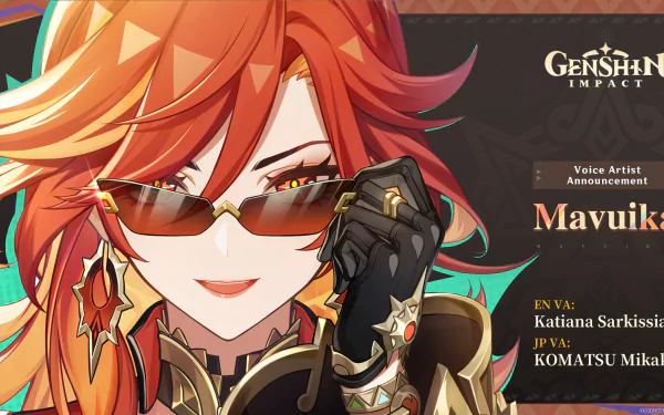 HD desktop wallpaper featuring Mavuika from Genshin Impact, wearing sunglasses. The background includes text about voice actors Katiana Sarkissian and Komatsu Mikako.