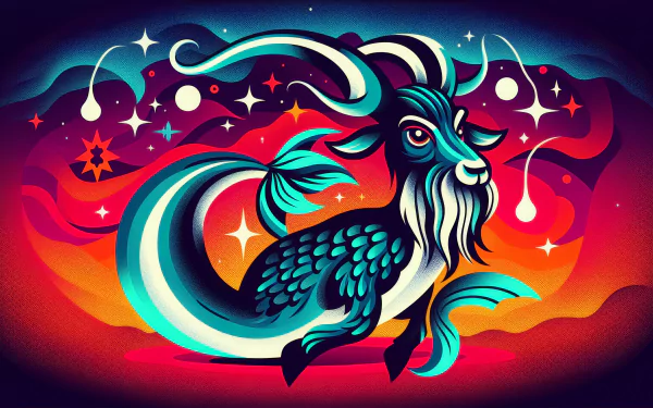 HD desktop wallpaper depicting a vibrant, stylized Capricorn with a vivid, cosmic background showcasing stars and abstract waves.
