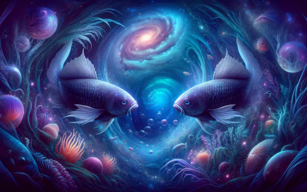 HD desktop wallpaper depicting the Pisces astrological sign. The image features two fish swimming in a mystical underwater galaxy, surrounded by vibrant aquatic flora and a glowing spiral at the center.