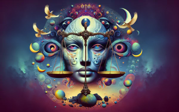 HD desktop wallpaper featuring a Libra astrology theme. The vibrant design showcases a balanced scale over a surreal face surrounded by cosmic elements and doves, blending mysticism and harmony.