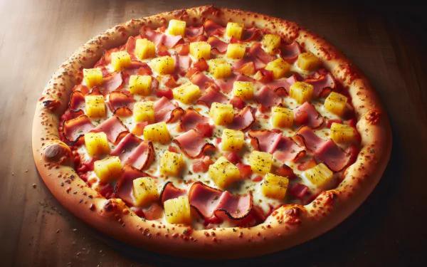 Hawaiian pizza with ham and pineapple chunks on a wooden table, captured in high definition. This image serves as a vivid and appetizing desktop wallpaper and background.