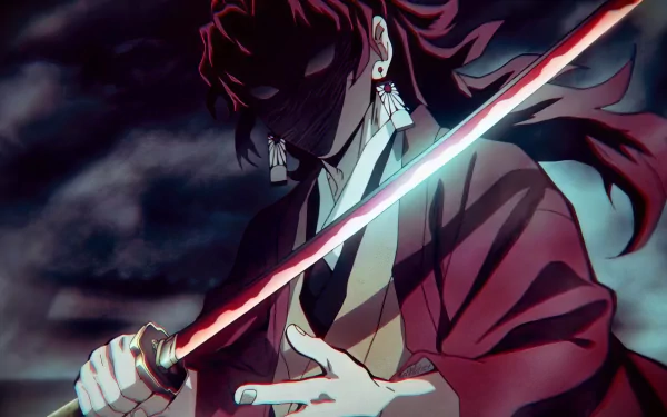 HD desktop wallpaper featuring Yoriichi Tsugikuni from Demon Slayer: Kimetsu no Yaiba, showcasing him with a sword against a dark, cloudy background.