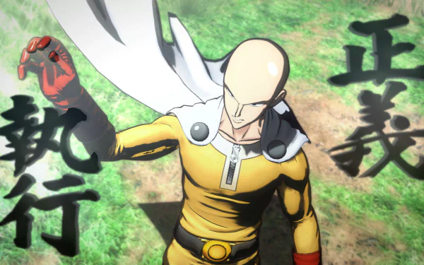 HD desktop wallpaper and background of Saitama from the video game One Punch Man: A Hero Nobody Knows, displaying his iconic yellow suit and red gloves with bold Japanese characters behind him.