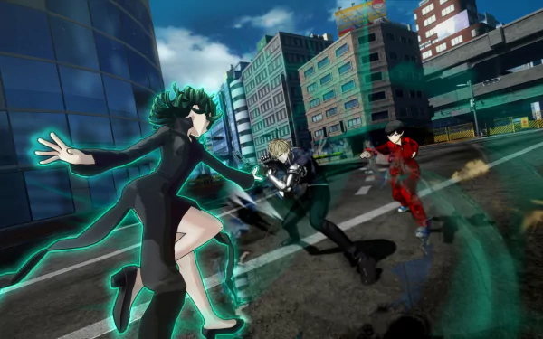 HD desktop wallpaper featuring characters from the video game One Punch Man: A Hero Nobody Knows engaged in an intense urban battle, with vibrant city buildings in the backdrop.