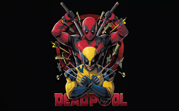 4K Ultra HD PC wallpaper featuring Deadpool standing behind Wolverine, both in iconic costumes with weapons and claws, set against a dark background.
