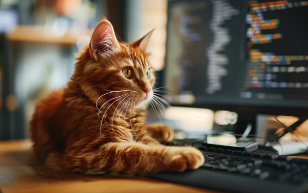 A cat lounging on a programmer's desk, with a computer displaying lines of code in the background. HD desktop wallpaper and background.
