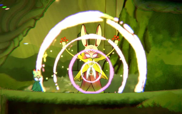 HD desktop wallpaper featuring a scene from the video game Bo: Path of the Teal Lotus, showcasing a vibrant character amidst magical, circular effects in a lush, green environment.