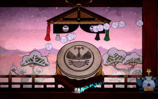 HD desktop wallpaper from video game Bo: Path of the Teal Lotus, featuring a serene sunset background with trees, a large drum, and floating lanterns.