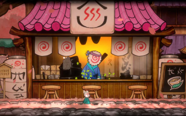 A colorful scene from the video game Bo: Path of the Teal Lotus, featuring a whimsical food stall with a smiling vendor and vibrant decorations, set against a charming backdrop.