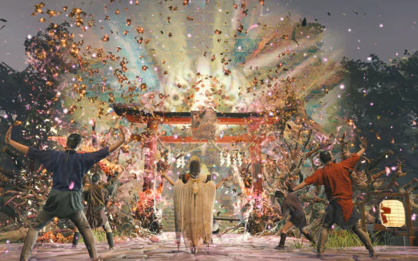 HD desktop wallpaper and background image featuring elements from the video game Kunitsu-Gami: Path of the Goddess.