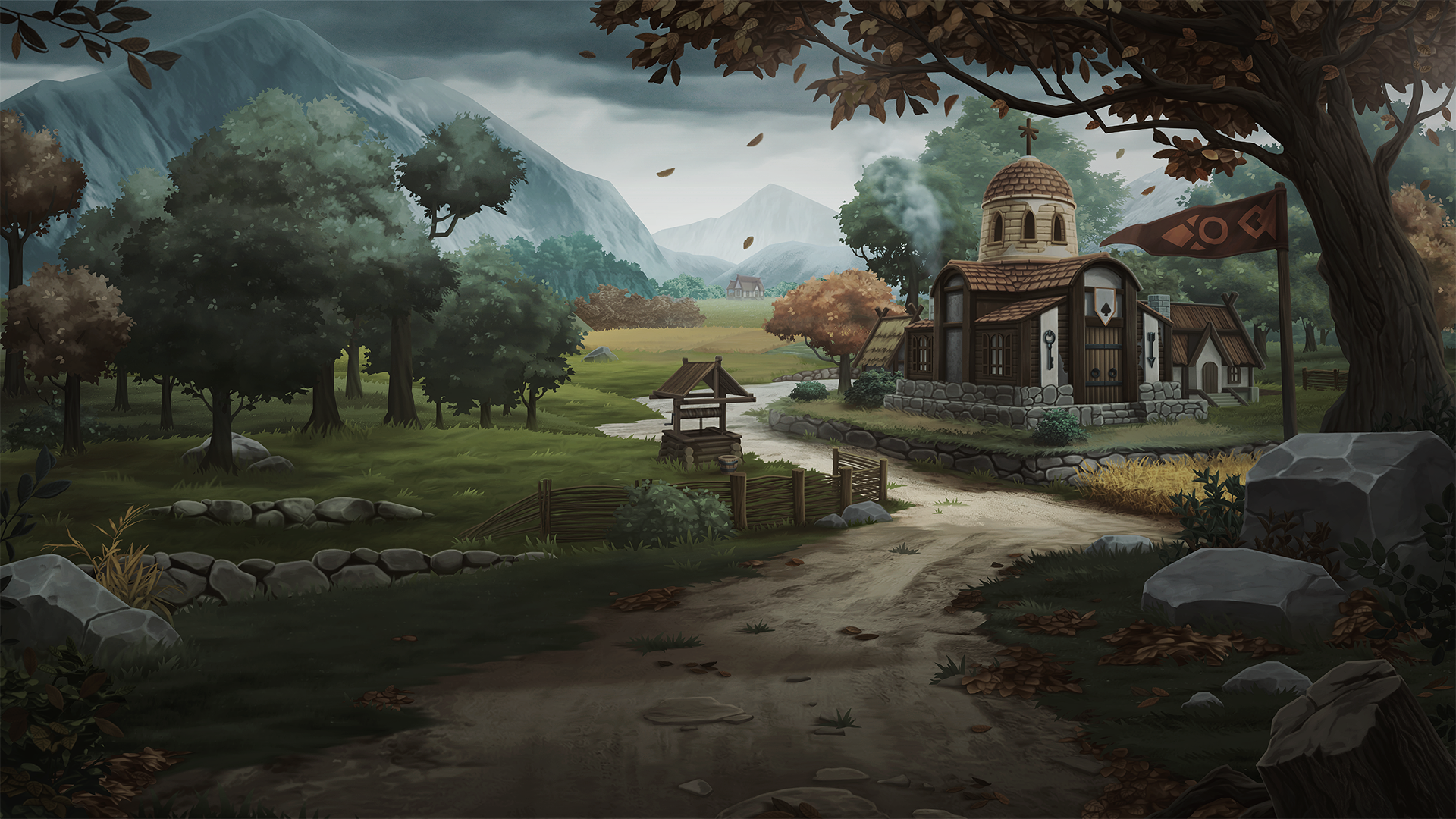 A scenic landscape from the video game Norland, featuring a winding path, quaint buildings, and an atmospheric sky adorned with autumn leaves, set in a rich HD desktop wallpaper.
