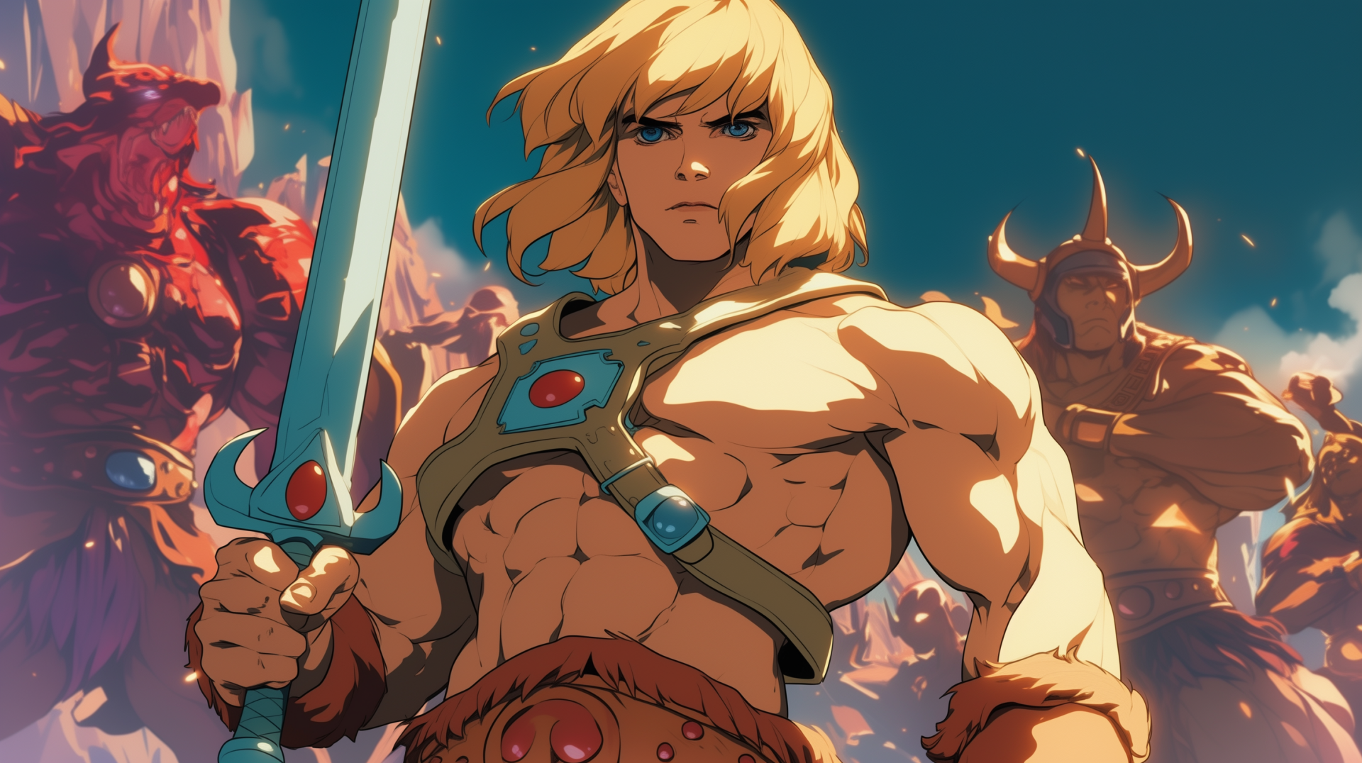 He-Man stands confidently with his sword, surrounded by vibrant characters from the TV show. This HD wallpaper captures the dynamic essence of his adventurous world.