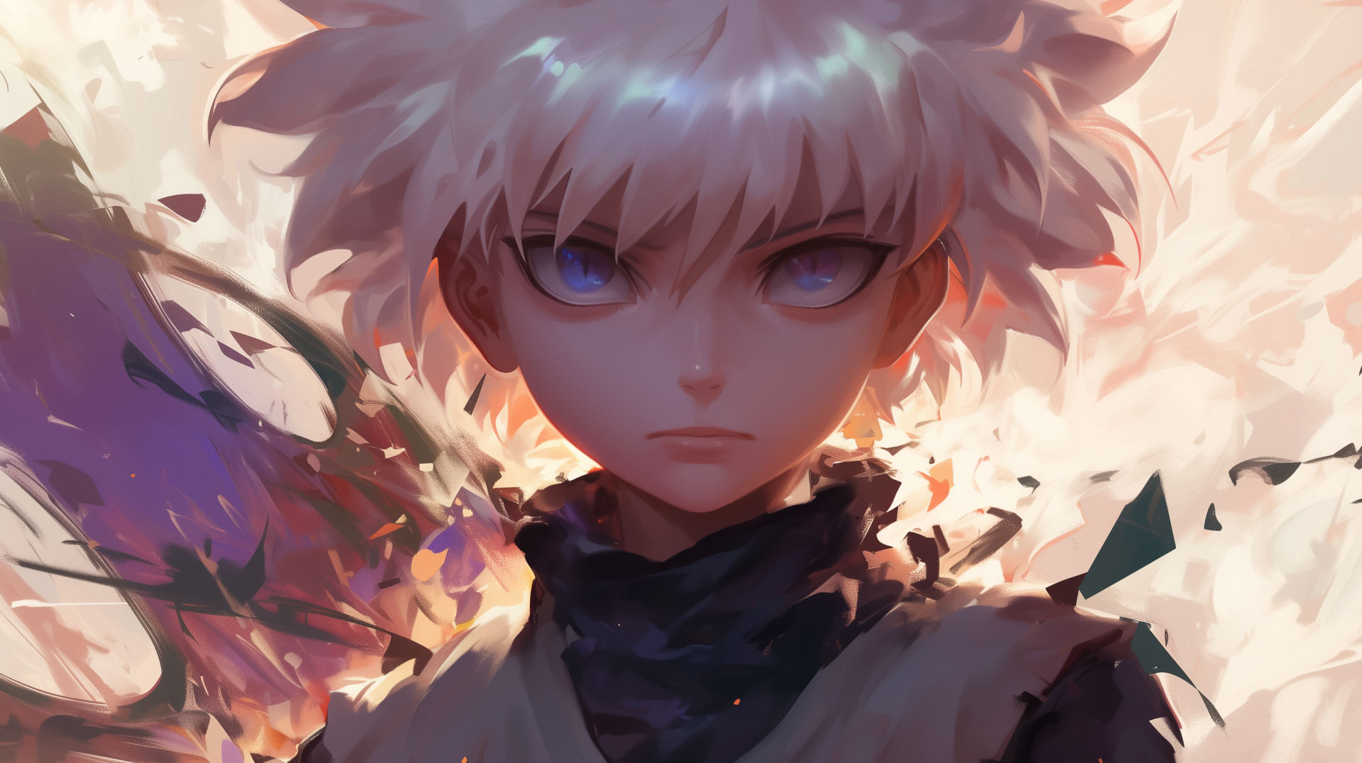 HD desktop wallpaper featuring Killua Zoldyck from the anime Hunter x Hunter, showcasing his fierce assassin persona. Perfect backdrop for anime fans.