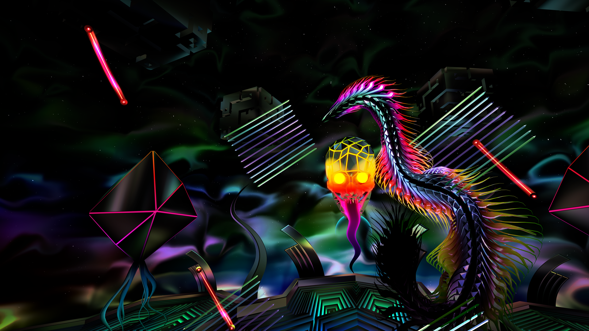 A vibrant abstract design features a colorful serpent-like creature amidst dynamic geometric shapes and neon lights, inspired by the video game Thrasher (2024). HD desktop wallpaper.