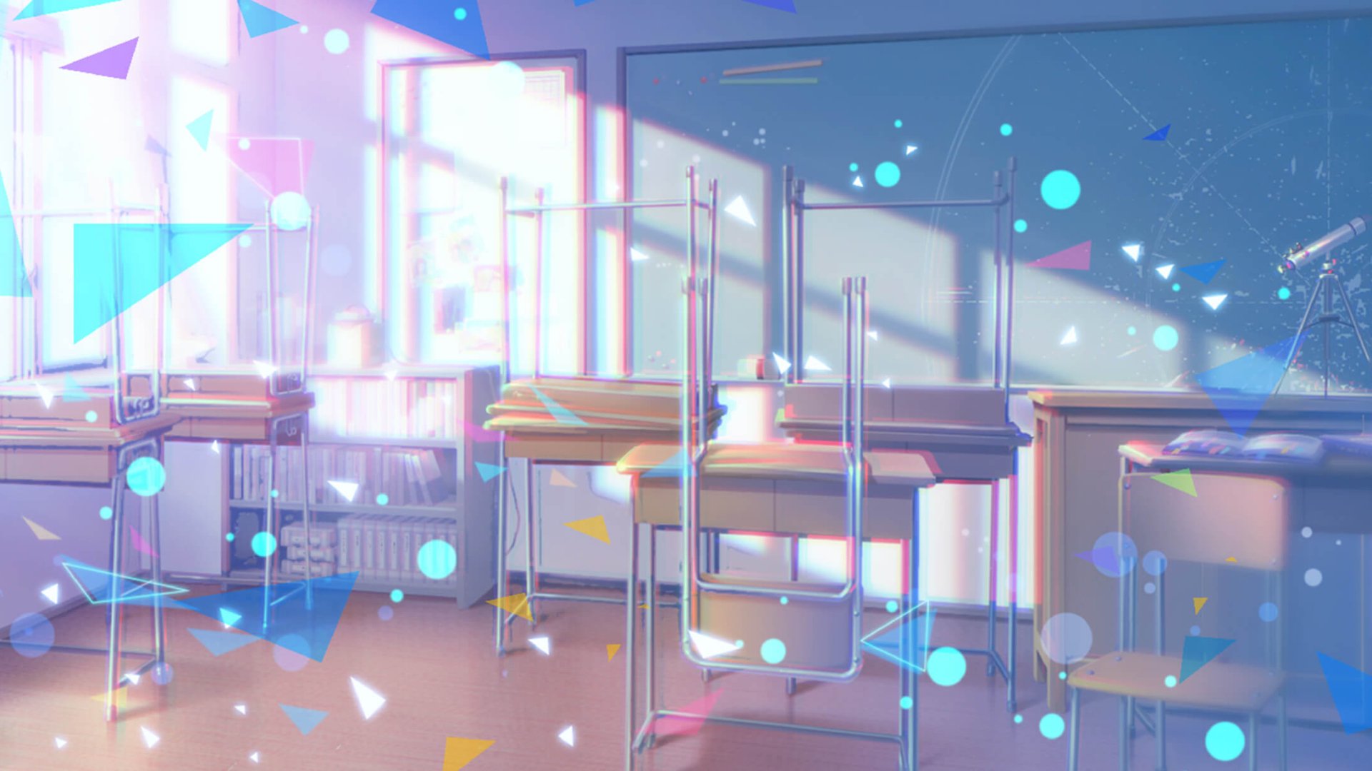 HD PC desktop wallpaper featuring Hatsune Miku-themed artwork with a bright, dreamy classroom scene accented by colorful confetti and soft light effects.
