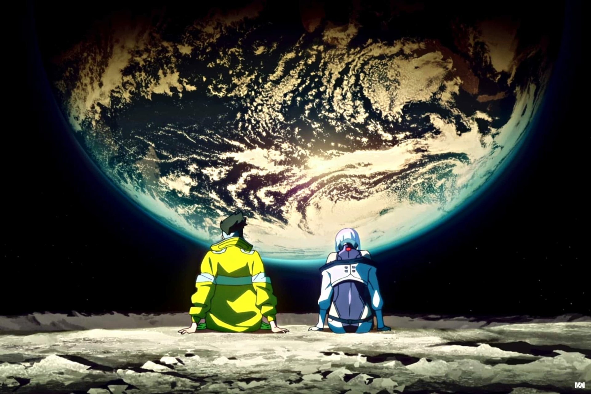 Cyberpunk: Edgerunners HD PC desktop wallpaper featuring two characters sitting on a lunar surface, gazing at a detailed Earth against the dark space backdrop.