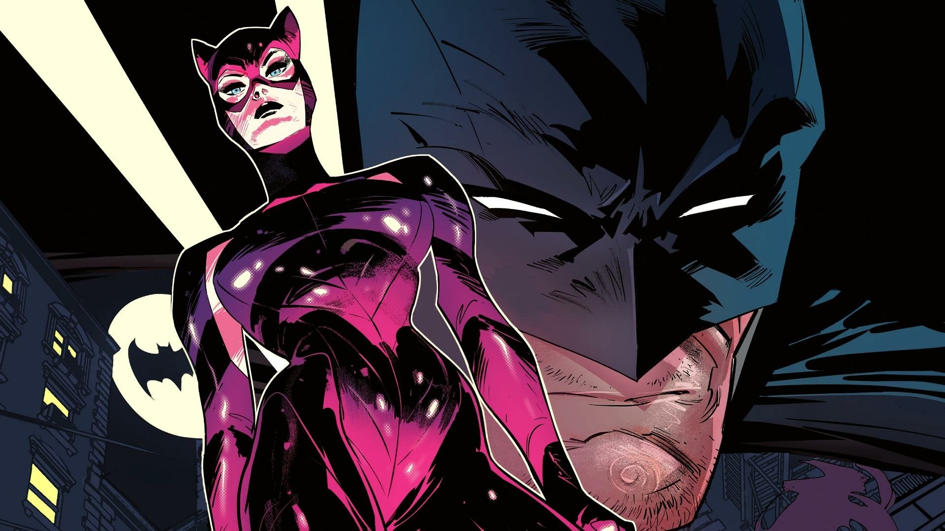 HD PC desktop wallpaper featuring Catwoman and Batman in a dynamic comic style by Jorge Jiménez, showcasing iconic DC Comics characters.