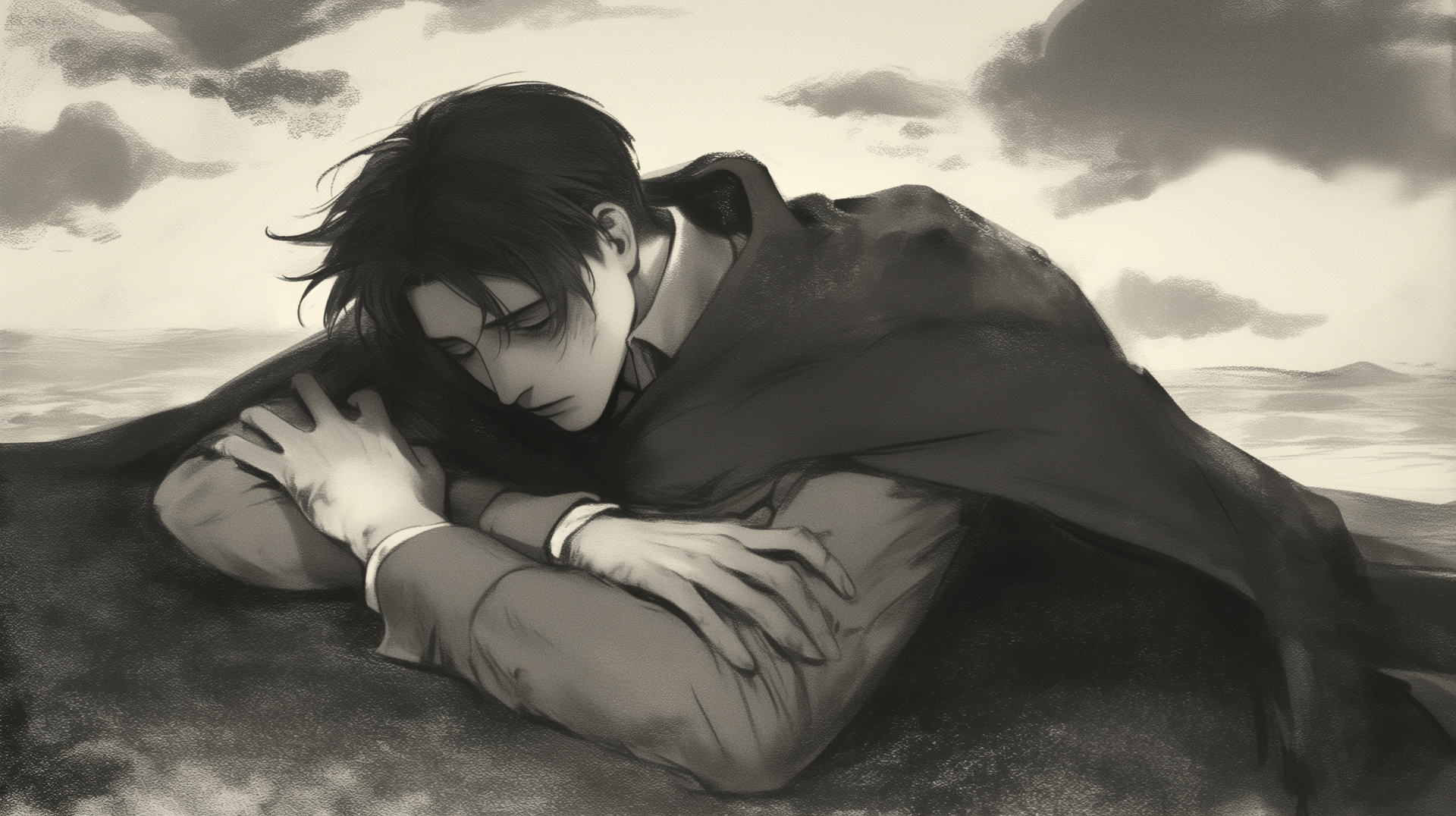 Sad Levi Ackerman from Attack on Titan rests his head on folded arms under a cloudy sky in this HD anime desktop wallpaper.