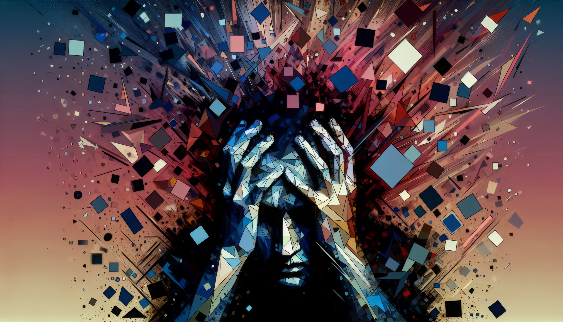 A vibrant HD wallpaper depicting a figure with hands on their head, surrounded by an explosion of geometric shapes and colors, conveying themes of anxiety and emotional turmoil.
