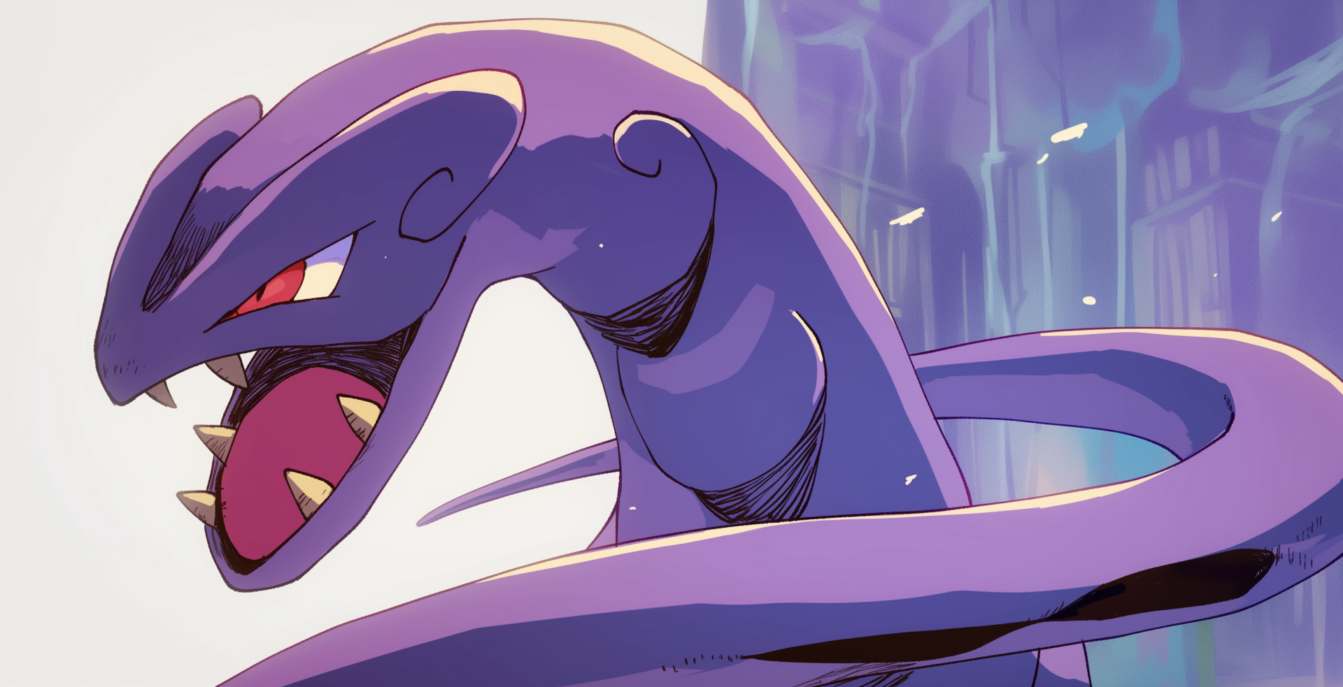 An HD desktop wallpaper featuring Arbok from Pokémon, showcasing its fierce expression and smooth curves against a vibrant, animated background.