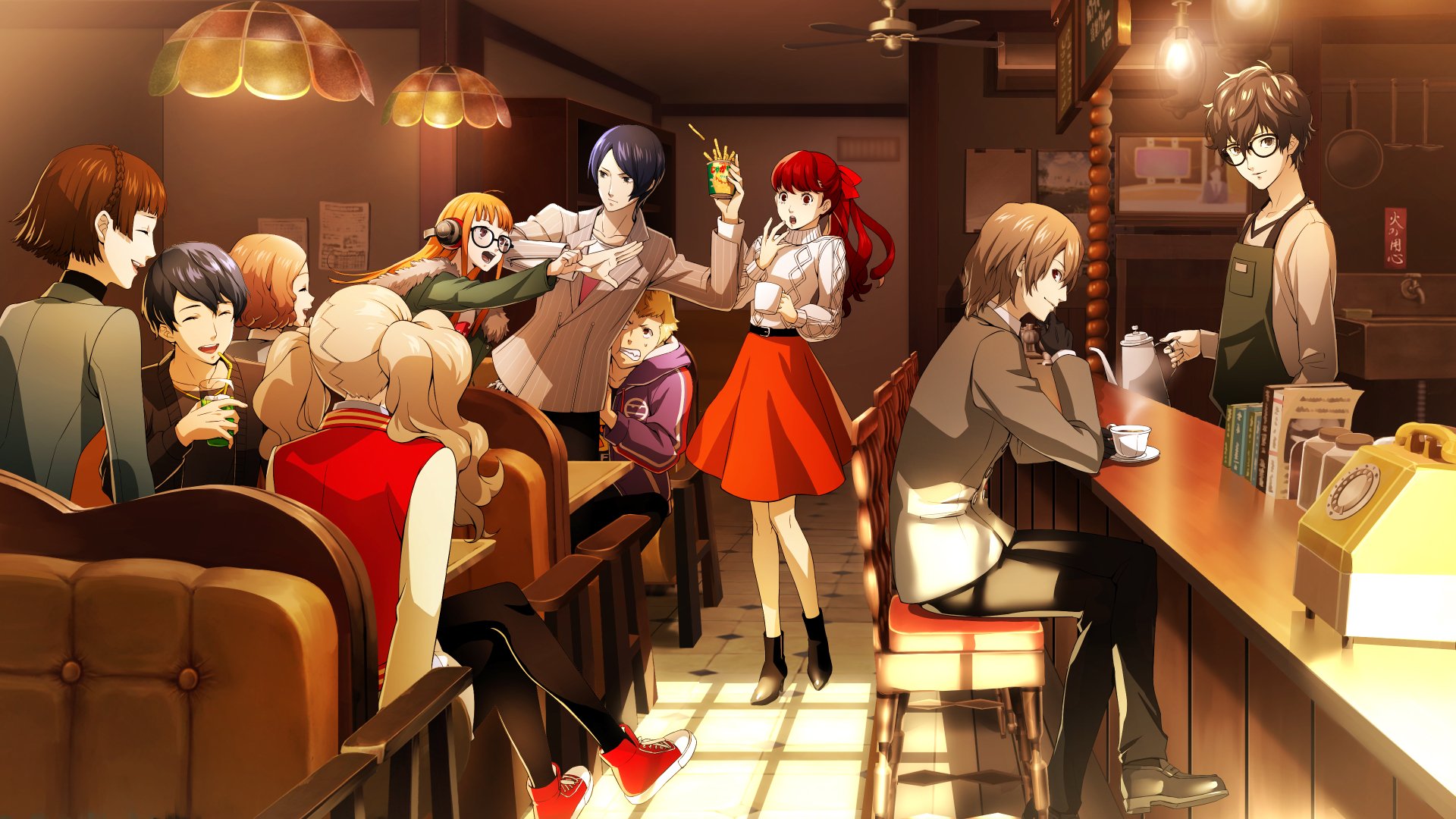 Persona 5 Royal 4K Ultra HD PC wallpaper: Phantom Thieves relax in a warmly lit café, friends chatting and drinking around a central red‑skirted character.