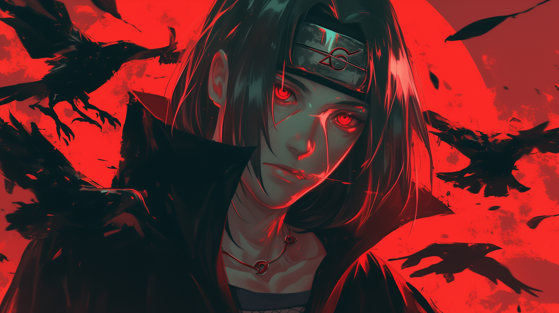 HD desktop wallpaper featuring Itachi Uchiha from Naruto, showcasing his iconic Sharingan. A captivating piece for any anime fan.