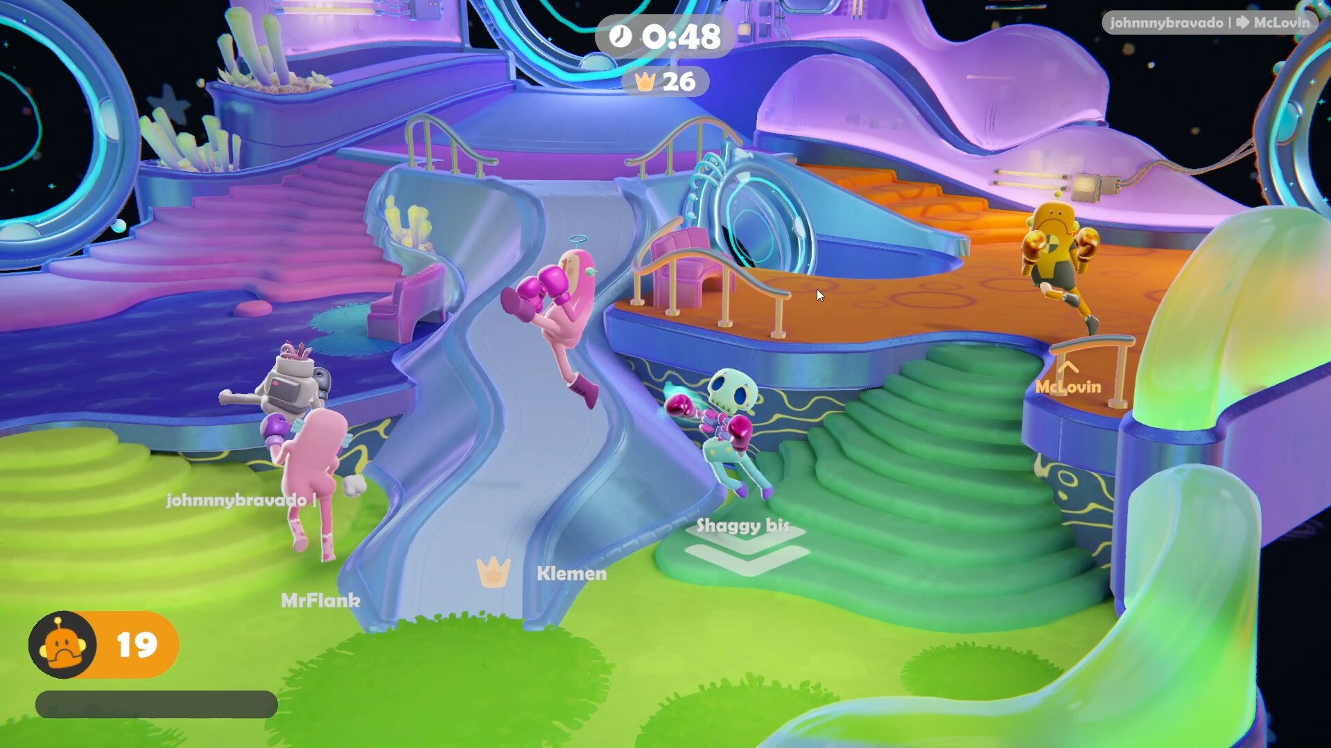 A vibrant HD wallpaper from the video game Bare Butt Boxing, featuring colorful characters navigating a playful, dynamic landscape with whimsical platforms and obstacles.