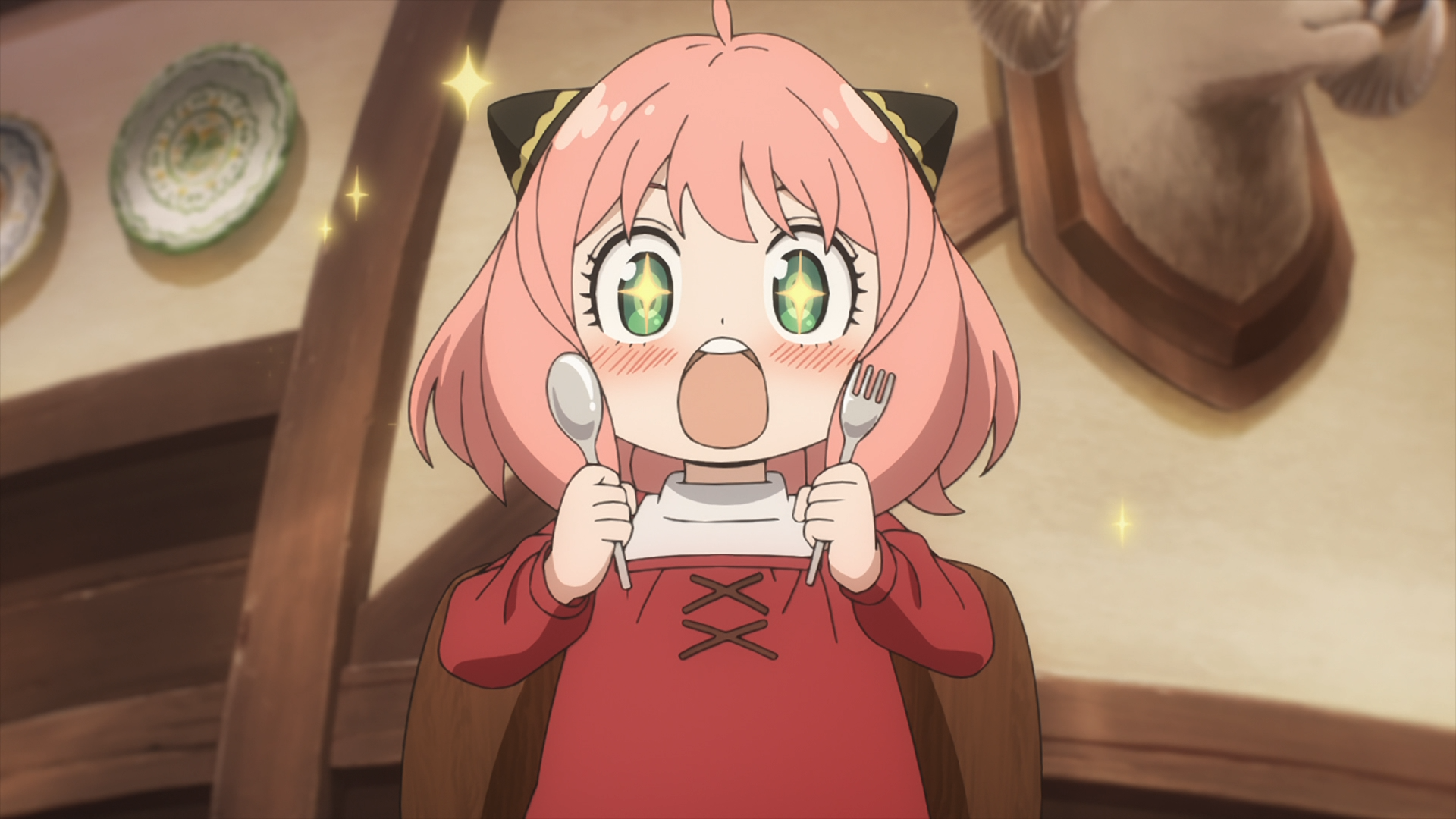 Anya Forger from Spy x Family Code: White excitedly holding a spoon and fork, set in a cozy indoor scene, featured as an HD PC desktop wallpaper.
