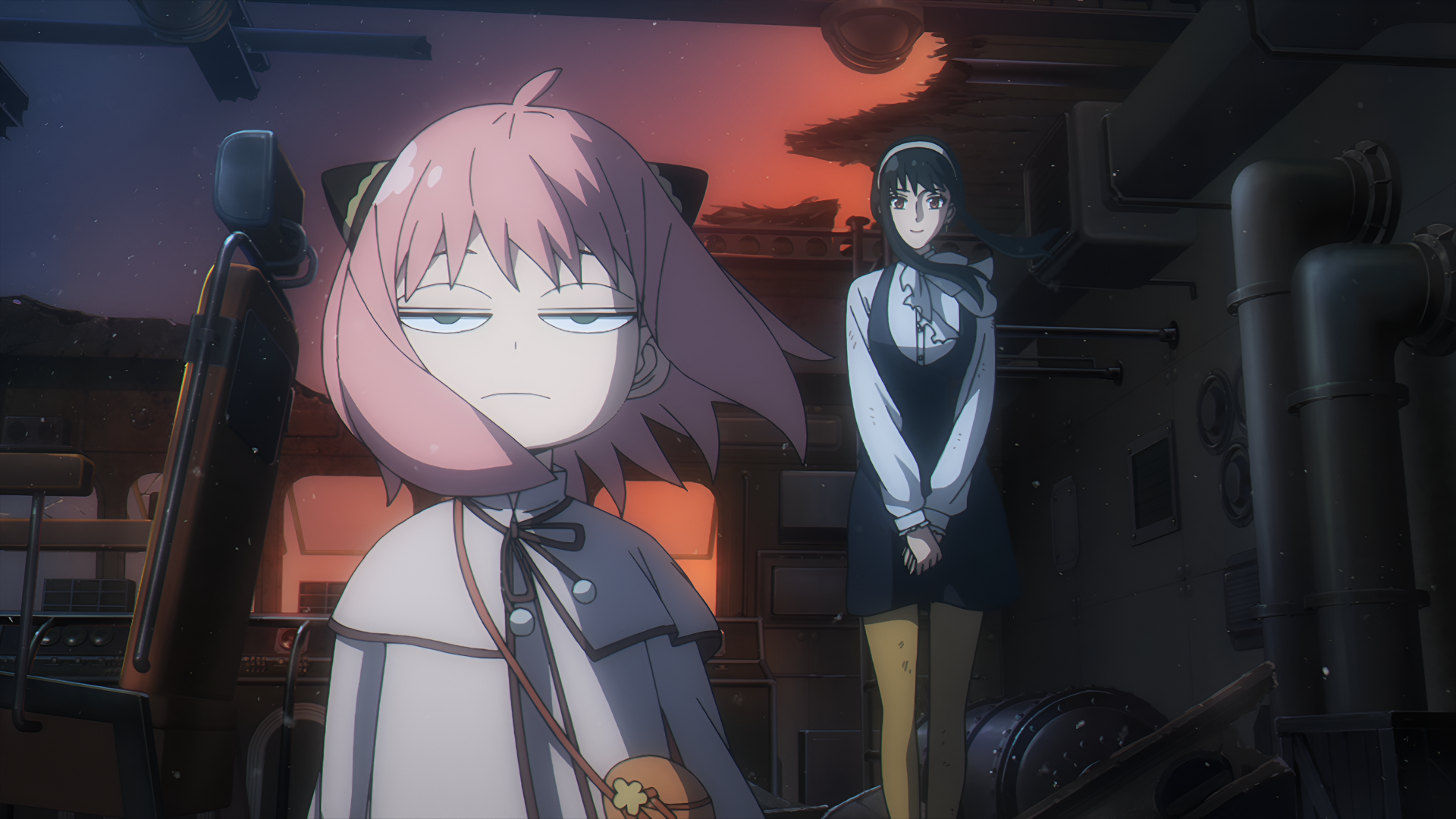 4K Ultra HD PC wallpaper of Anya Forger and Yor Forger from Spy x Family: Code White — Anya with deadpan face in foreground, Yor standing behind in a dim industrial room.