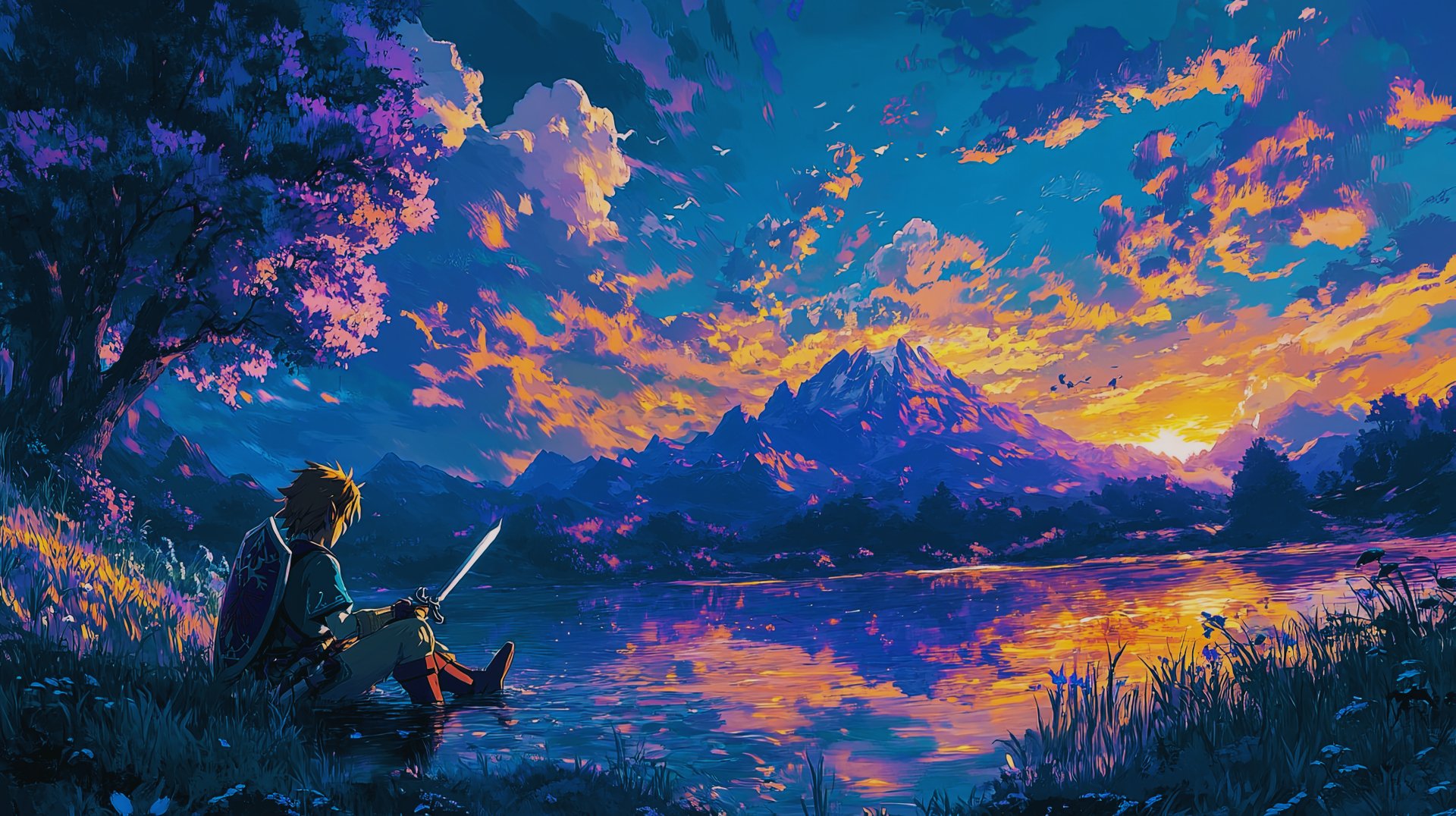 8K Ultra HD desktop wallpaper featuring Link from The Legend of Zelda, sitting by a lake at sunset with a mountain and vibrant sky in the background.