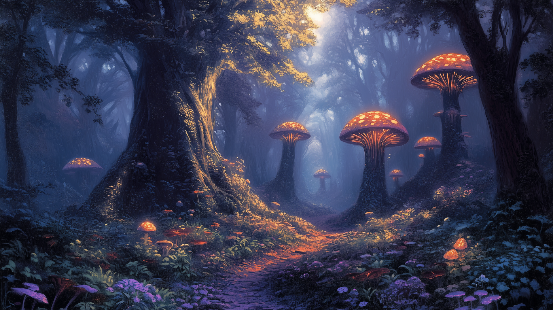 A magical forest scene filled with luminous mushrooms and vibrant flora. This HD wallpaper captures the enchanting beauty of nature's mystical landscapes.
